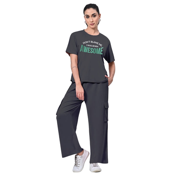 Women Chic Cord Set - Crop Top & Cargo trousers with Print "Don't Blame me , I was Born awesome 😉💫